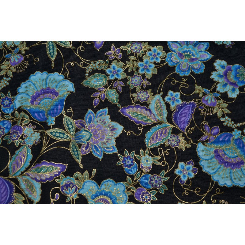 Blue Floral Trimmed in Gold sold by the 1/4 yard