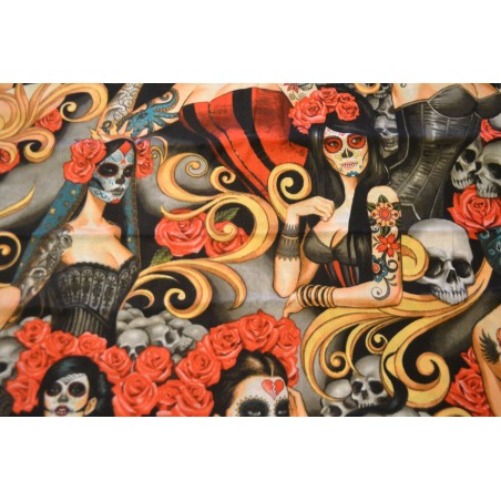 Nocturna day of the dead pin up sold by the 1/4 yard